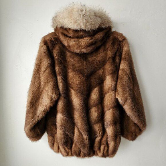 Western Furs Canadian Genuine Mink Fur Coat Stroller Fox Trim Hood VTG Mob Wife - Picture 16 of 16